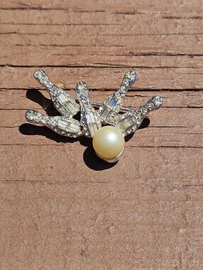 Vintage Bowling Ball & Pins Rhinestone & Faux Pearl Brooch